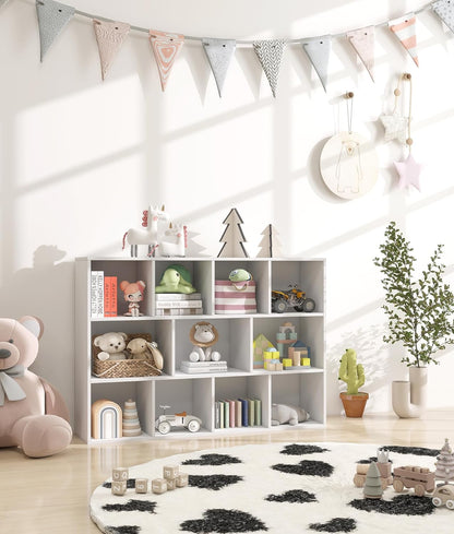 11 Cube White Kids Toy Storage Organizer & Bookshelf – Toy and Book Storage for Kids, Baby Bookshelf for Nursery, Wooden Bookcase & Book Organizer for Classroom