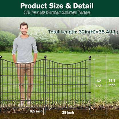 15 Panels Decorative Garden Fence with Gate, 32 in(H) X 35.4 ft(L) No Dig Dog Fence Animal Barrier Outdoor for Yard, Rustproof Metal Garden Edging and Borders, Temporary Fencing Stakes