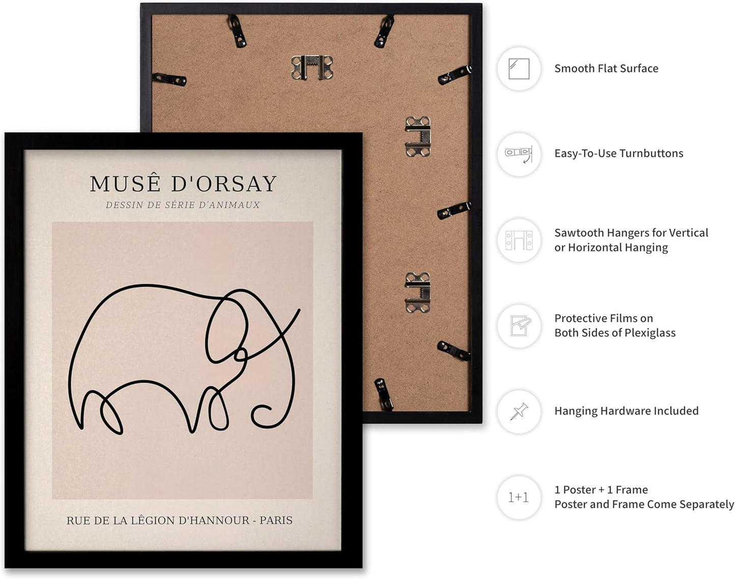 Poster Master Vintage Poster - Retro One Line Elephant Drawing Print - Elephant Art - Minimal Gift for Men, Women, Animal Lover - Abstract Wall Decor for Home, Office, 8x10 Black Framed