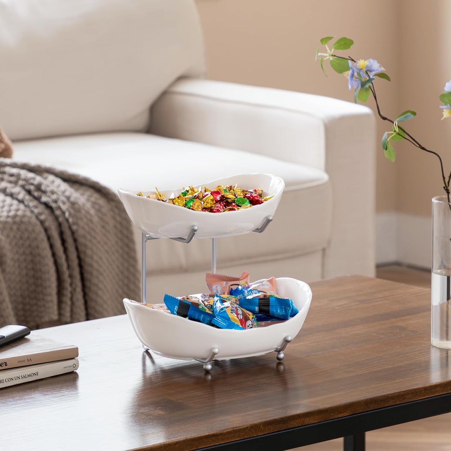 HBlife Fruit Bowl for Kitchen Counter - 2 Tier Ceramic Fruit Bowl with Metal Stand, Tiered Fruit Basket for Kitchen Counter, Serving Platters Serving Trays for Party