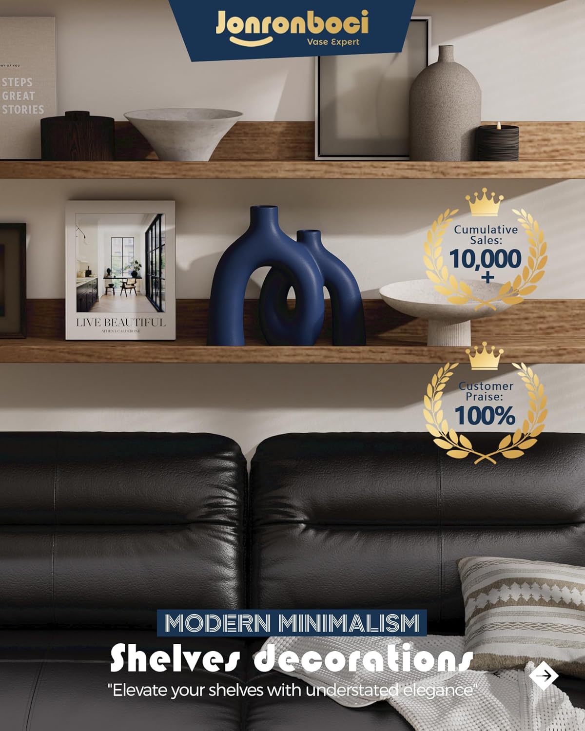 Matte Blue Vase Set - Hug Hollow Donut Aesthetic Ceramic Vases Home Decor, Navy Blue Decor Modern Coastal Decorative Vase for Table Centerpiece Bookshelf Office Entryway Console Fireplace (Navy Blue)