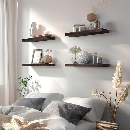 Brown Wood Floating Shelves for Wall Rustic Wall Shelves for Bedroom Set of 6