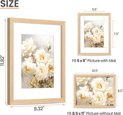 upsimples 8.5 by 11 Picture Frame, Natural Solid Wood Picture Frames, Display 6x8 with Mat or 8.5 x 11 Without, Wall or Tabletop, 1 Pack, Natural