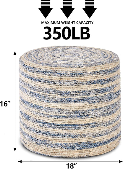 Wimarsbon 18'' Ottoman Pouf, Natural Braided Poof, Rustic Handweave Lounge Pouffe, Boho Footrest Stool for Bedroom, Accent Table for Living Room (Blue Corn Husk)
