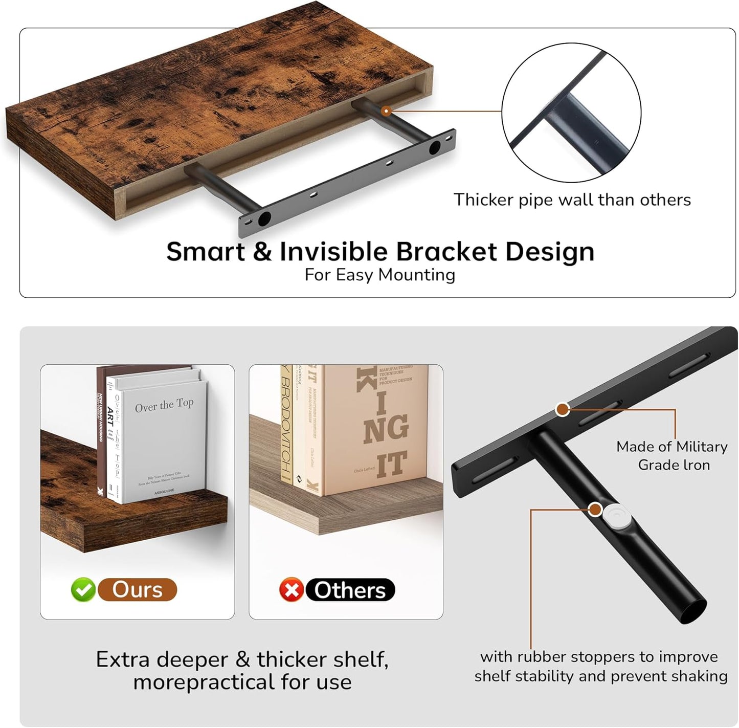 Fun Memories 16 Inch Floating Shelves - Deep Rustic Wooden Wall Shelves - Extra Deeper & Thicker Wall Mounted Storage Shelf for Bedroom, Kitchen, Farmhouse - 2 Pack, Rustic Brown