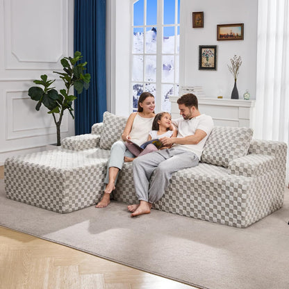 Hobestluk 96“ Modular Sectional Sofa Couches L-Shape Couch 3 Seat Modular Sofa Sectional Couches for Living Room, Cloud Couch with Oversized Chaise (Greygreen, Checked (Left Facing Chaise))