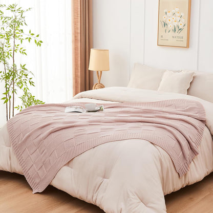 CozeCube Check Knit Throw Blanket, Pink Checkered Throw for Couch, Decorative Christmas Soft Cozy Warm Knitted Blanket for Bed Sofa Living Room, 50"X60"