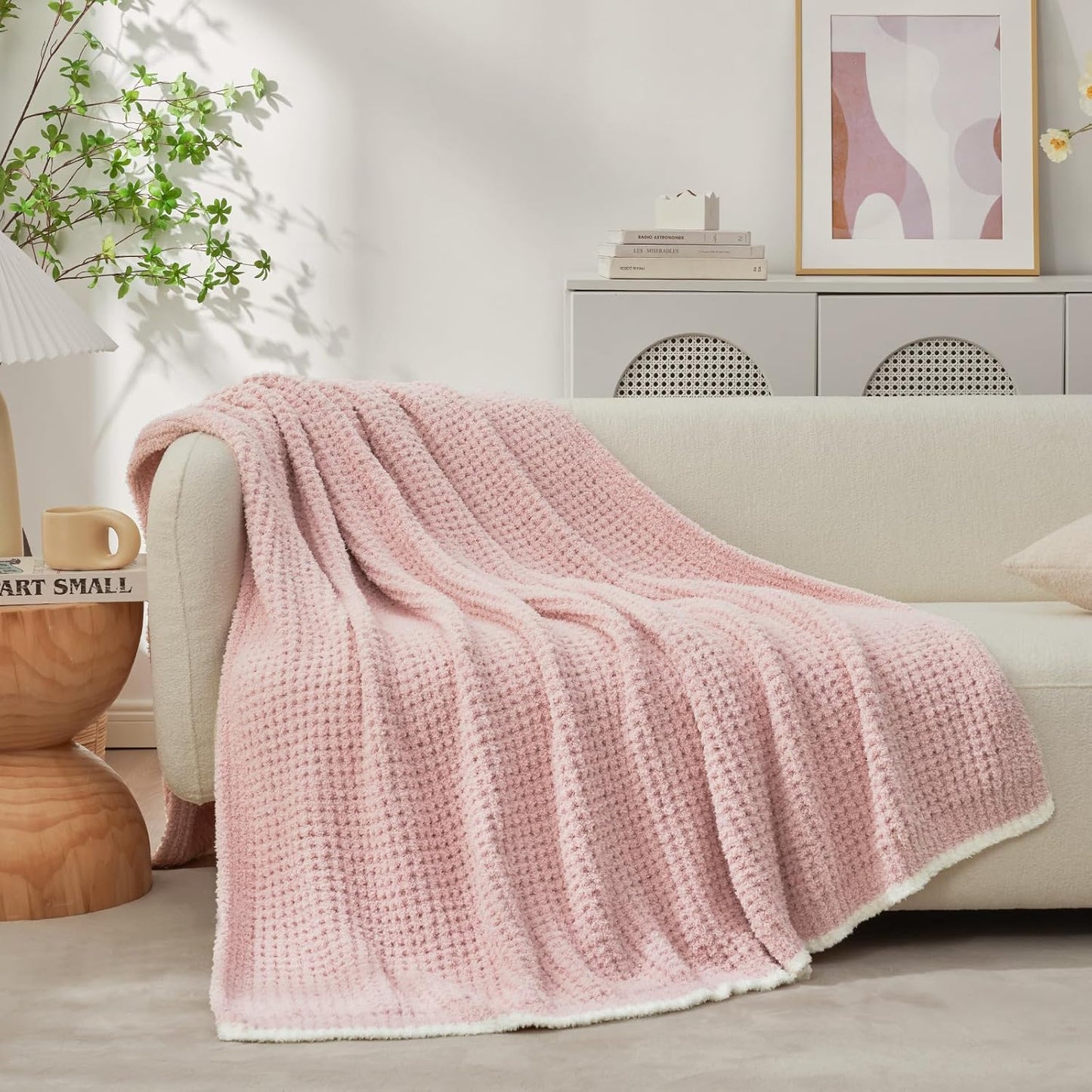 Snuggle Sac Pink Waffle Throw Blanket for Couch Bed Sofa 60x80 inches, Reversible Pink Blanket Microfiber Fluffy Fuzzy Cozy Knit Twin Blanket for Women Mothers Birthday Gifts