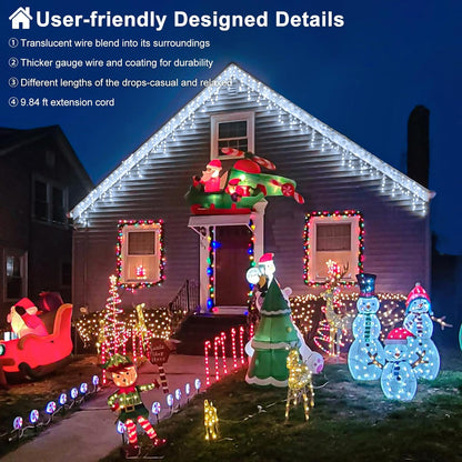 99ft 1216LED Icicle Lights for Outside, White Christmas Lights for House Patio Yard Porch Backyard Holiday Garden Xmas Exterior Decoration, Waterproof Twinkle Cluster Light Hanging Light All Year