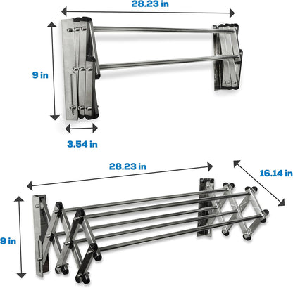 AERO W Racks Stainless Steel Wall Mounted Collapsible Laundry Clothes Drying Rack 45 Pound Capacity 11 Linear Ft