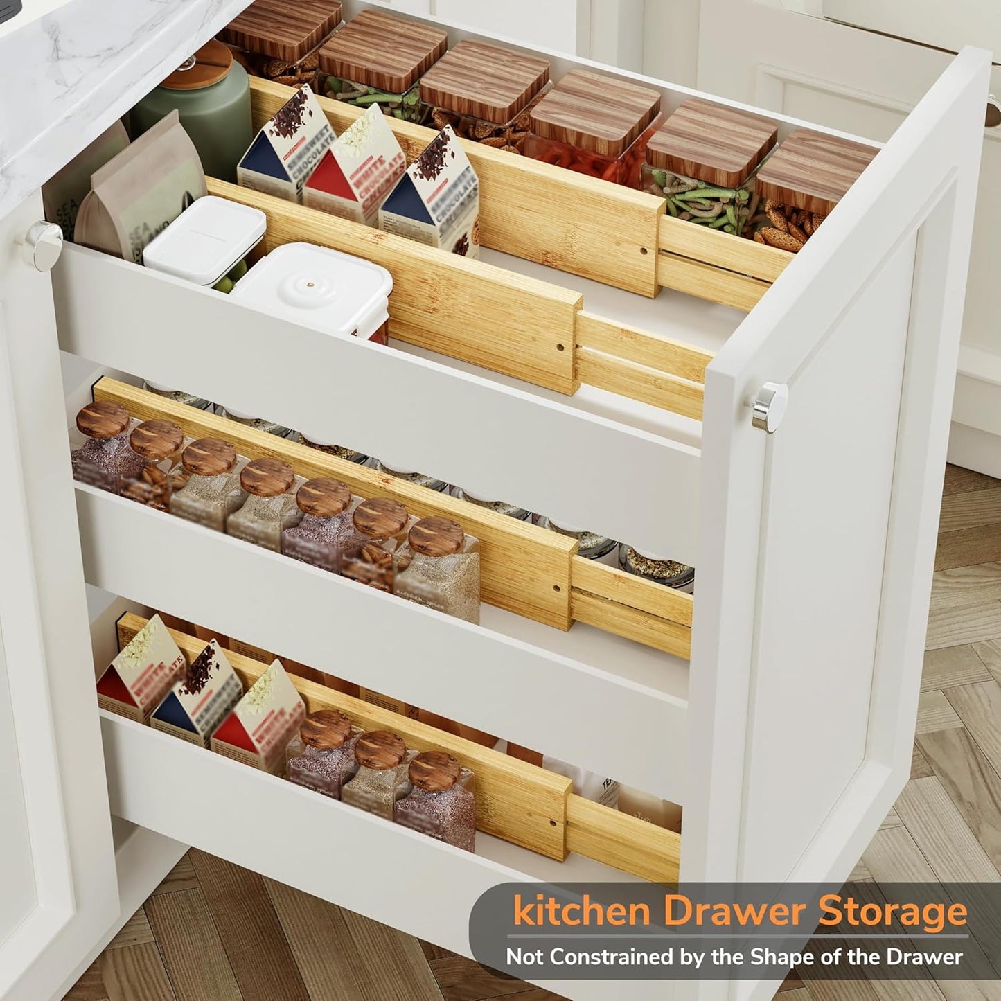 BAMEOS 3" H Bamboo Drawer Dividers - Adjustable Expandable Drawer Organizer - Kitchen, Bathroom, Bedroom & Office, 4-pack