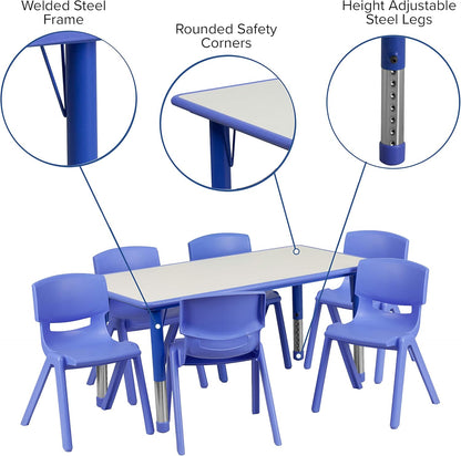 EMMA + OLIVER 23.625" W x 47.25" L Blue Plastic Activity Table Set-6 Chairs