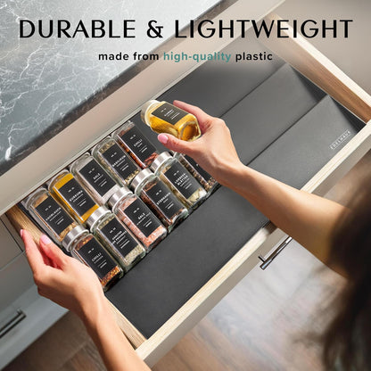 Spice Drawer Organizer - Expandable Spice Rack for Drawer, Black Seasoning Organizer for Drawer Spice Organizer, Spice Organization Seasoning rack insert for Cabinet (Jars Not Included)