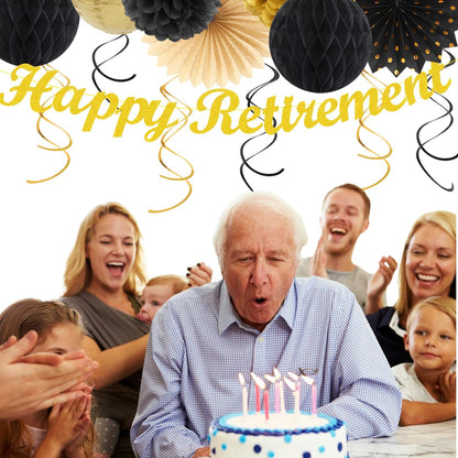 Black Gold Women-Men Happy-Retirement Party-Decorations - 21pcs Celebration Banner,Paper Streamers Lanterns Honeycomb,Tissue Flowers Pom Poms Fan, Classroom Backdrop Supplies Garland Decor Huglony