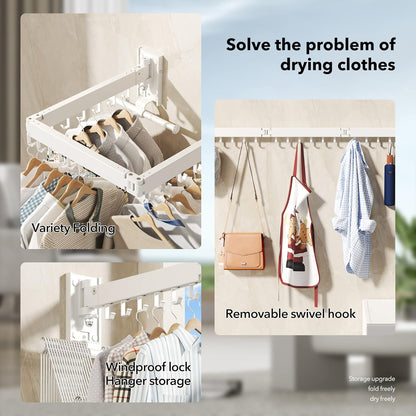 Wall Mounted Clothes Hanger Rack, Clothes Drying Rack,Laundry Drying Rack,Collapsible Clothes Rack Wall Mount, Retractable Drying Rack Clothing,can Fold Upward & Left & Right,White Color