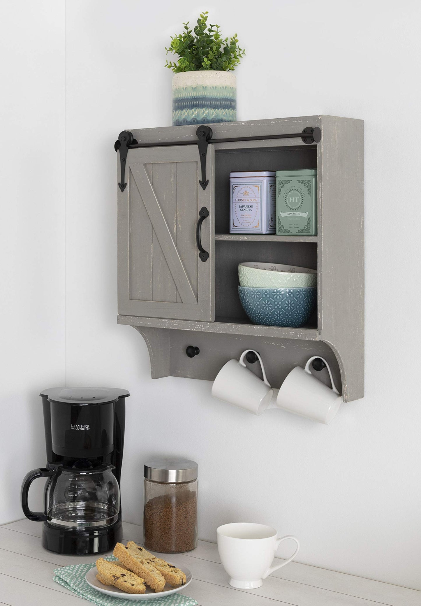 Kate and Laurel Cates Decorative Farmhouse Cabinet Wall Organizer with Sliding Barn Door and 3