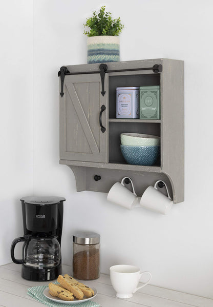 Kate and Laurel Cates Decorative Farmhouse Cabinet Wall Organizer with Sliding Barn Door and 3