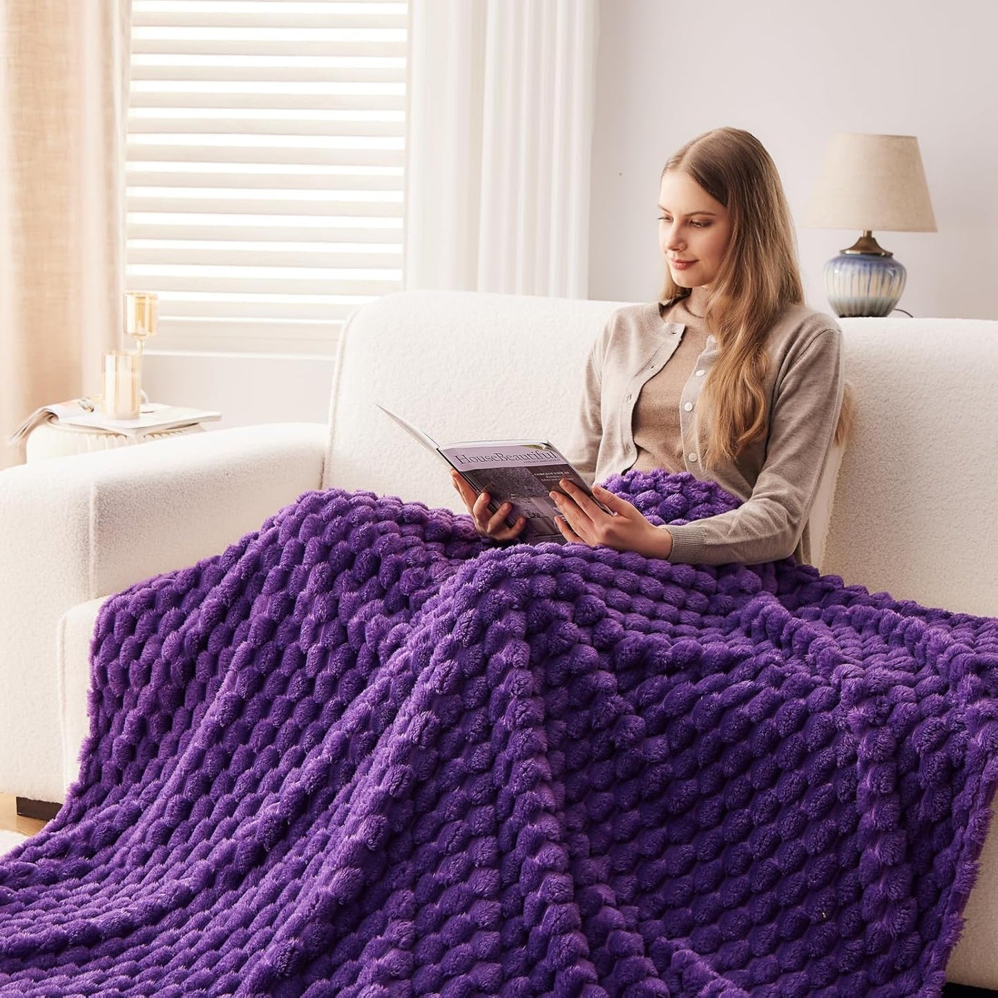 NEWCOSPLAY Super Soft King Blanket Purple Premium Silky Flannel Fleece 3D Clouds Stylish Jacquard Lightweight Bed Blanket All Season Use 350GSM (Purple, King(90"x110"))