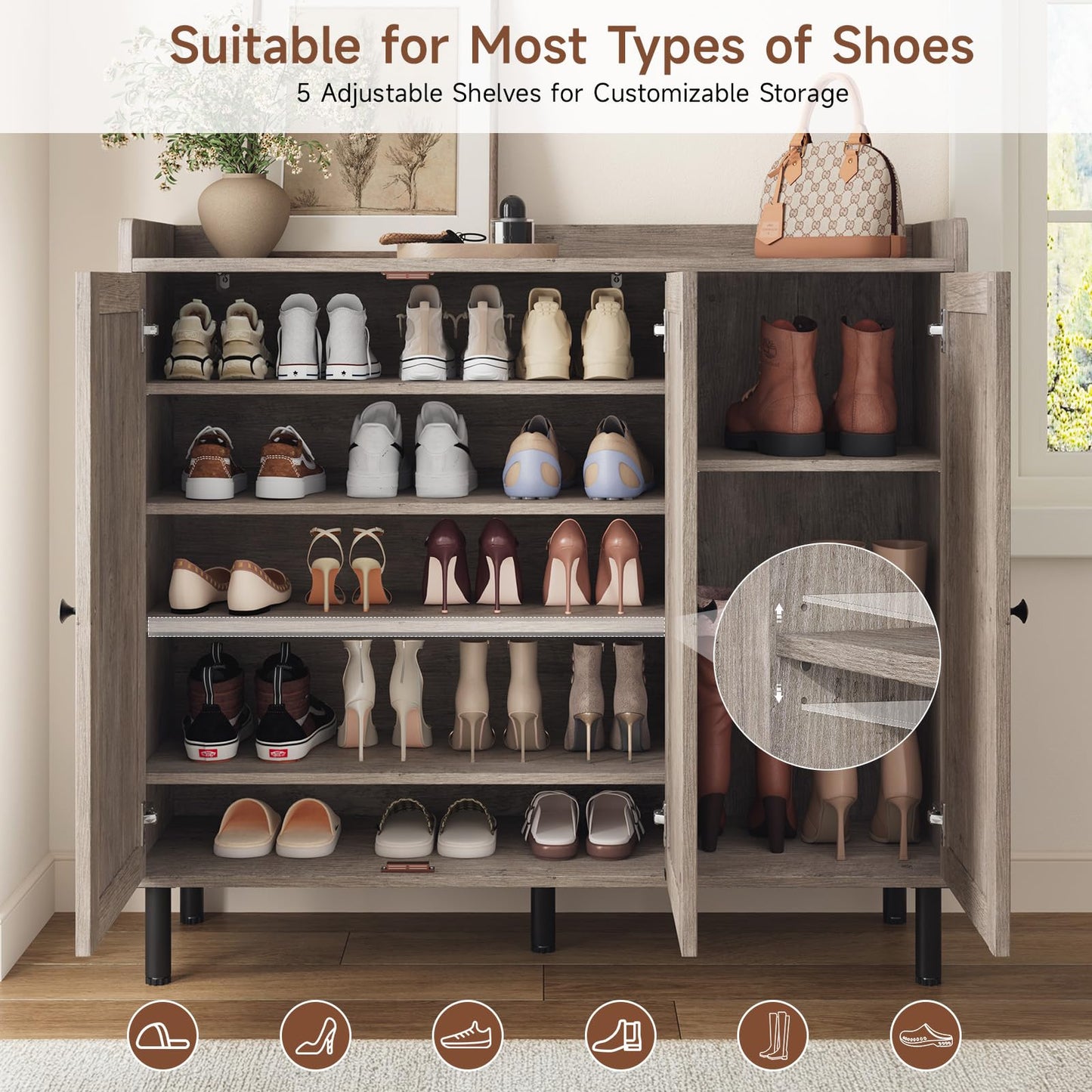 ComfyCorner Shoe Cabinet with 3 Doors, Shoe Rack for Entryway, Washed Gray