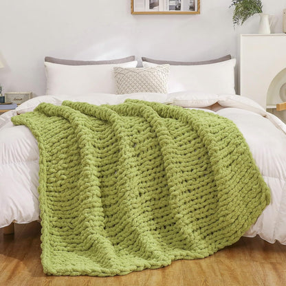 WESHIONGOO Chunky Knit Blanket Throw 50"×60" Knitted Throw Blankets for Couch Bed Fluffy Soft Blanket with Jumbo Chenille Yarn Thick 100% Handmade (Lime Green)