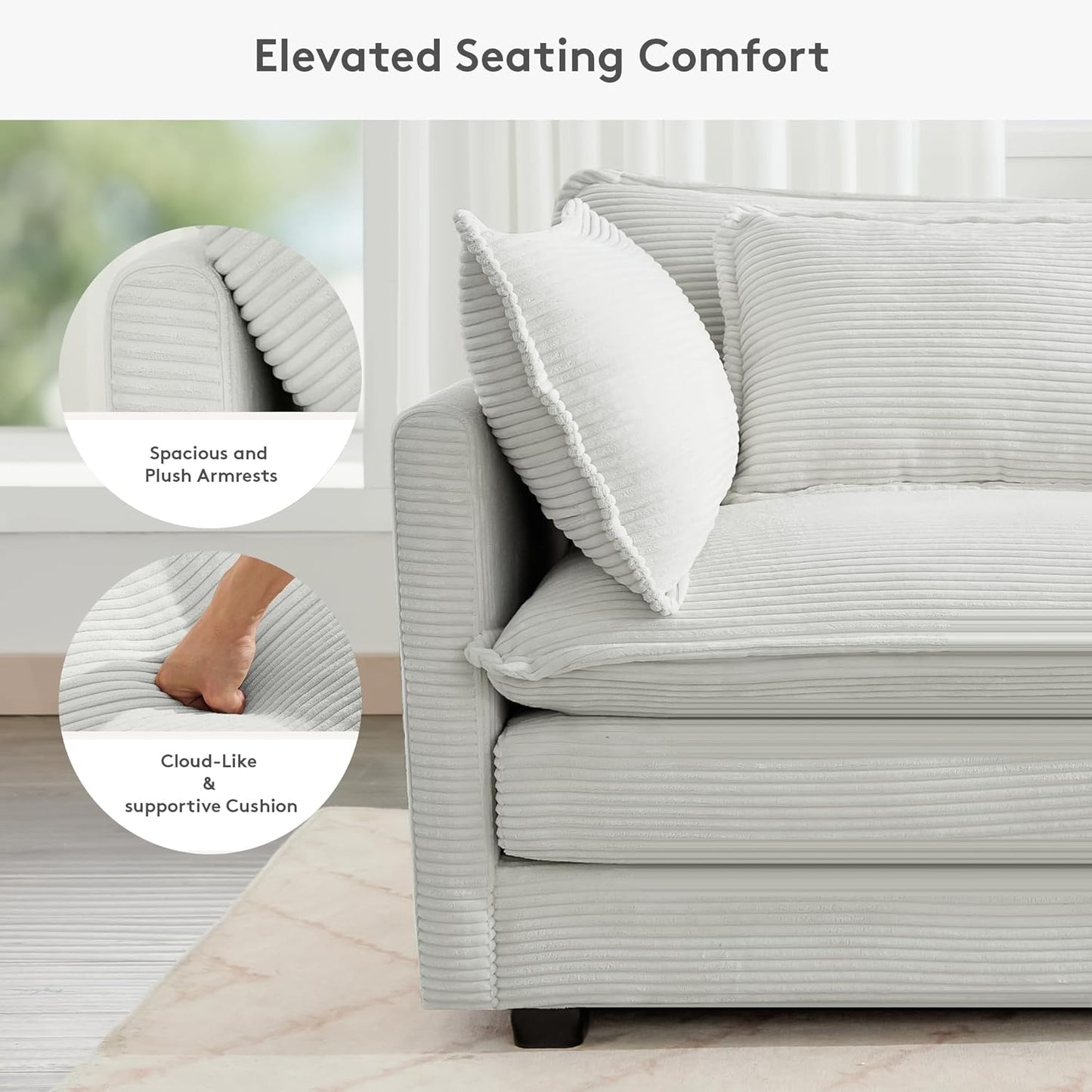 ROWHY 113'' Modular Sectional Cloud Couch, 5 Seater Corner Sofa Big Comfy Corduroy Oversized L Shaped Couch with 2 Pillows, Ottoman, Deep Seat Sectional Couches for Living Room Office, Light Grey