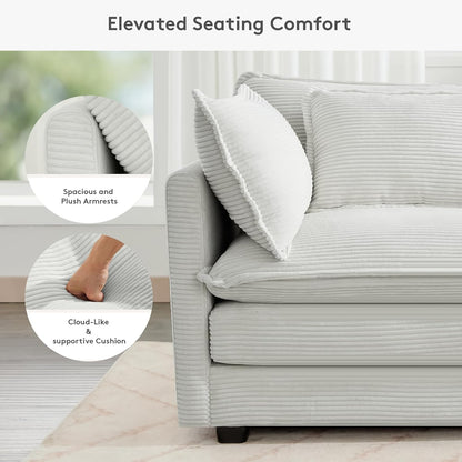 ROWHY 113'' Modular Sectional Cloud Couch, 5 Seater Corner Sofa Big Comfy Corduroy Oversized L Shaped Couch with 2 Pillows, Ottoman, Deep Seat Sectional Couches for Living Room Office, Light Grey