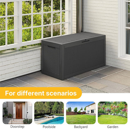 100 Gallon Deck Box Outdoor Waterproof, Rattan Outdoor Storage Box, Patio Storage Boxes for Cushions, Pillow, Garden Tools, Equipment