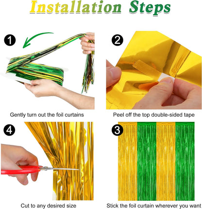 2 Pack Graduation Backdrop, Large Grad Decor 2025, Green Gold Graduation Photo Backdrop Fringe Curtains Party Streamer, Metallic Green and Gold Grad Decorations Class of 2025