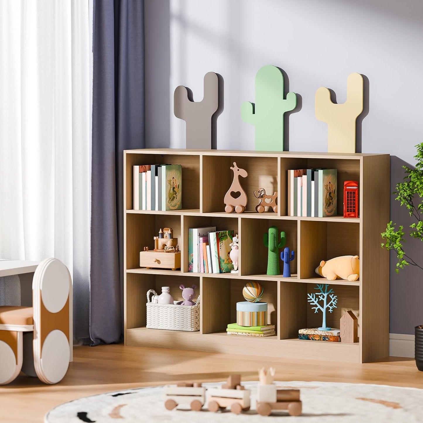 Cozy Castle Oak Bookshelf, 3-Tier Open Shelf Bookcase, 10 Cube Storage Organizer with Anti-Tilt Device, Freestanding Horizontal Bookshelf Cube Shelf for Bedroom, Living Room