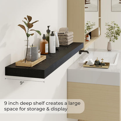 48 inch Floating Shelves for Wall Large Wall Mounted Shelves with Invisible Brackets, Black Long Shelves for Bathroom, Living Room, Kitchen, Office, 48x9.1 inch deep Set of 2
