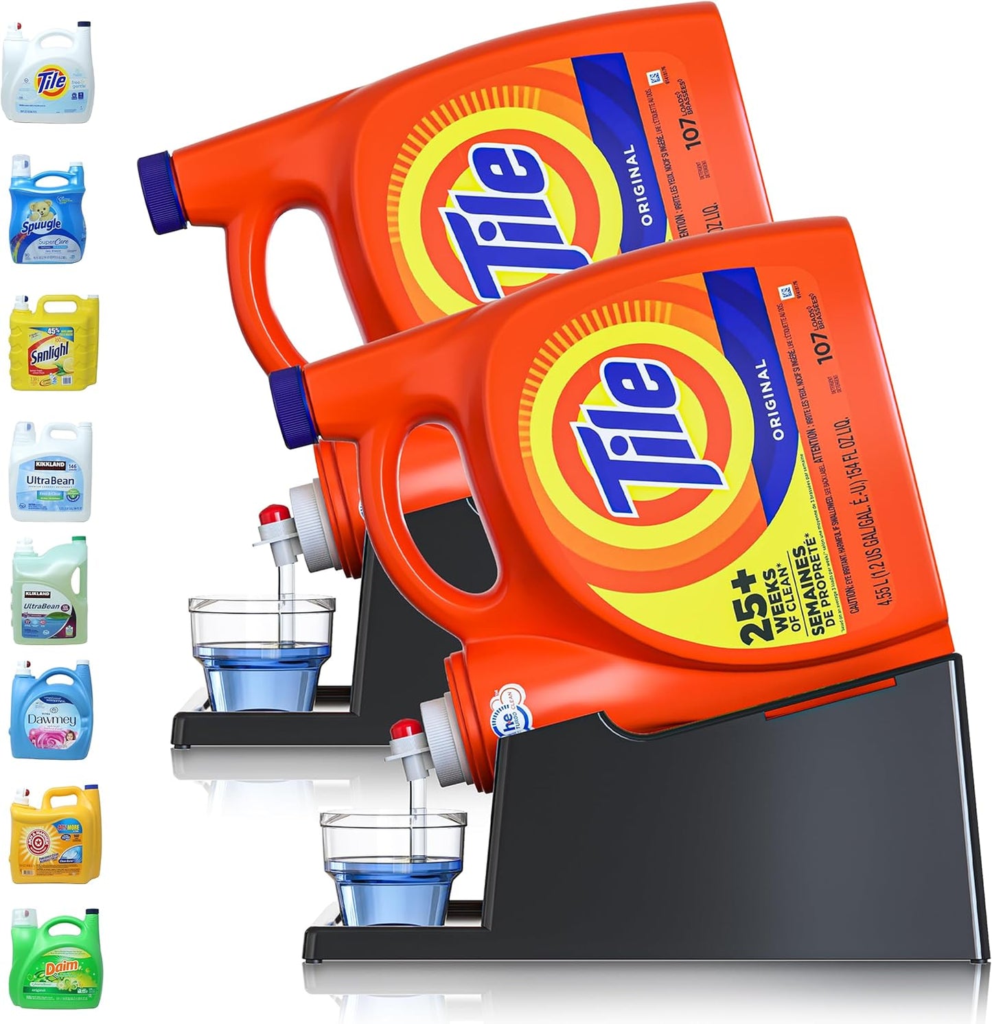 TidyFriend No-Spill 2 Pk Liquid Laundry Detergent Dispenser Holder, Laundry Soap Dispenser Holder with Drip Tray for Laundry Room Organization (No Strap, Black)