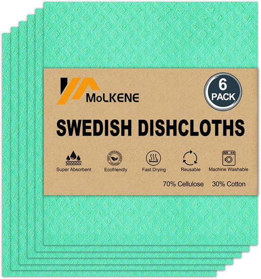 Swedish Dishcloths for Kitchen | 6 Pack Absorbent Cellulose Sponge Cloths Washable | Non-Scratch