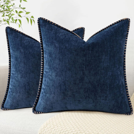 decorUhome Chenille Soft Throw Pillow Covers 16x16 Set of 2, Farmhouse Velvet Neutral Decorative Euro Pillow Covers with Stitched Edge for Couch Sofa Bed Home Decor, Poseidon