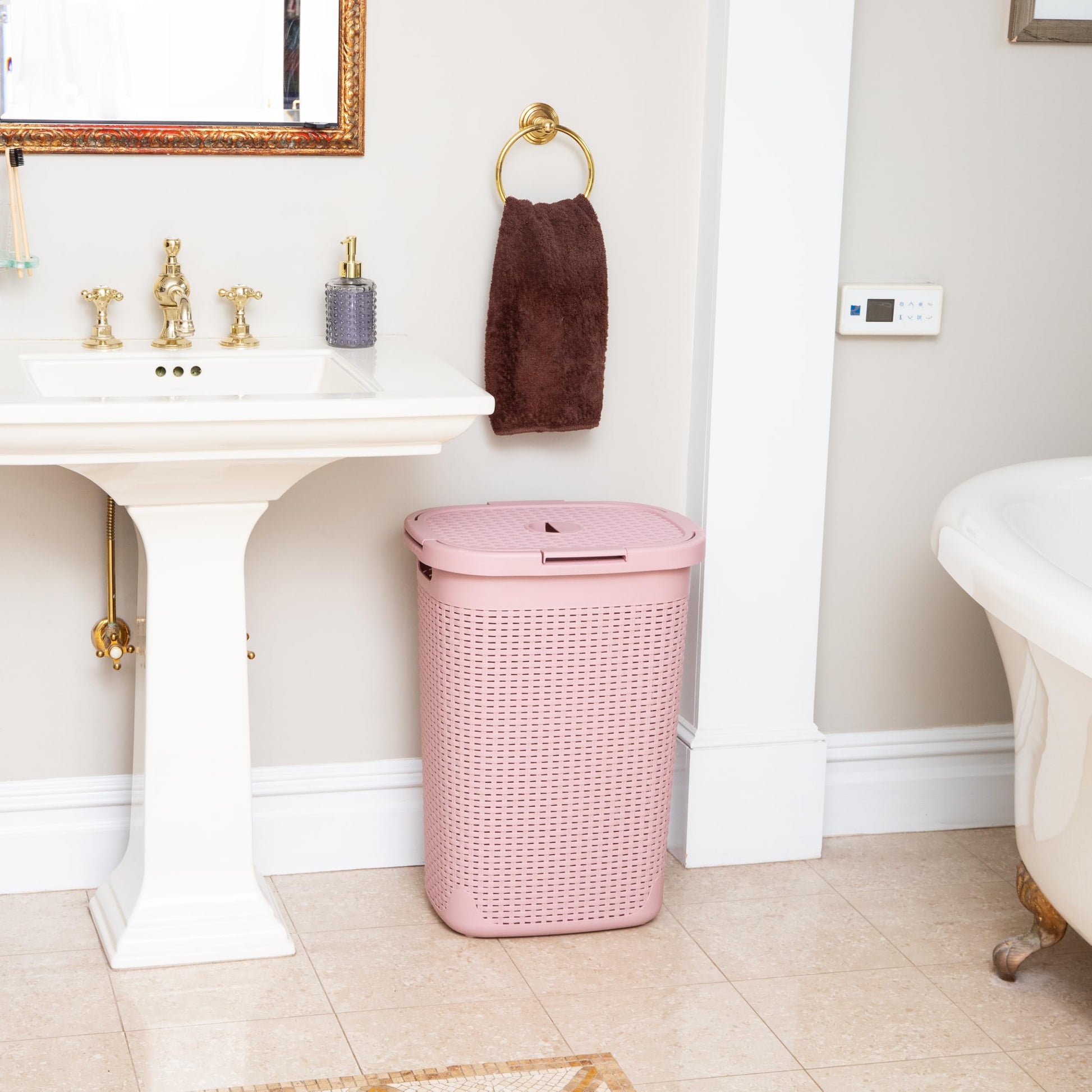 Mind Reader Slim Laundry Hamper with Lid, 60L Tall Clothes Basket, Narrow Tapered Design for