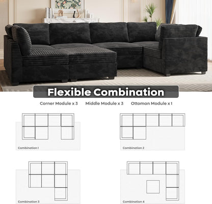 ovios Sectional Sofa Couch with U-Shape Chaise Sofa Bed, Comfy Modular Cloud Couches with Deep Seat, Modern Upholstered Plush Corduroy Sofas Set for Living Room, 7-Seater, Black