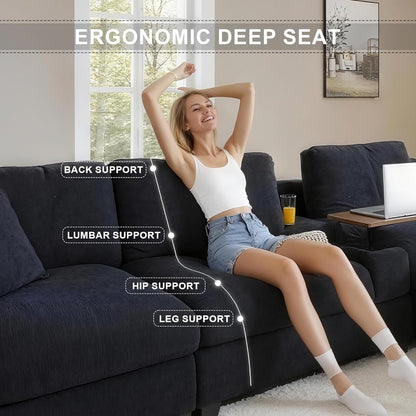 120.3" Modern L-Shaped Sectional Sofa with 360°Swivel Drop-Down Table, Storage Armrest, USB Ports & Movable Storage Ottoman – Plush Linen Cloud Couch for Lounge (Black)