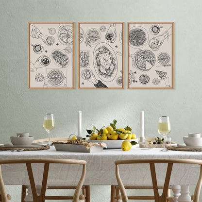 HPINUB Vintage Food and Drink Framed Canvas Wall Art Set,Sketch Pizza Cheers Wall Decor,Thanksgiving Dinner Turkey Artwork,Black and white Art Prints for Kitchen,Dining Room,Gatherings Decor-16"x24"x3