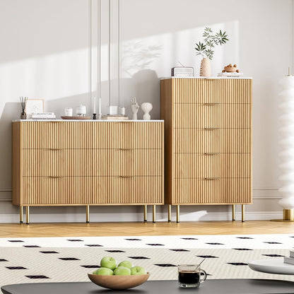 GarveeHome Fluted 6 Drawers Dresser for Bedroom, Modern Chest of Drawers, Tall Brown Dresser with Faux Marble Top and Gold Handle, Wood Drawer Organizer for Bedroom, Living Room, Hallway, Entryway