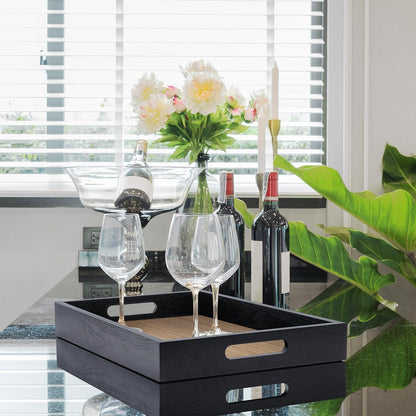 Wood Serving Tray with Handles, Home Decorative Wooden Rectangle Ottoman Decor Platter Vanity Tray for Breakfast Dinner Drinks Kitchen Dining Living Bathroom Restaurants Black Wooden