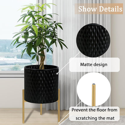 ARNIS Plants Pots with Stand, Set of 2 Planters, Unique Mid Century Decorative Metal Flower Pots with Drainage, 8.25 & 10.5 Inch, Black