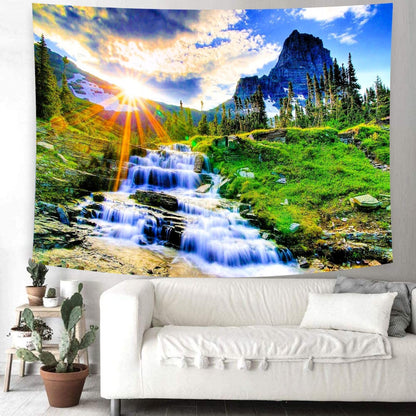Delur Mountain Waterfall Tapestry Sunset Forest Tree Nature Landscape Tapestry Wall Hanging Tropical Sunrise Rainforest Psychedelic Scenic Headboard for Bedroom Living Room Home Decor (51.2" x 59.1")