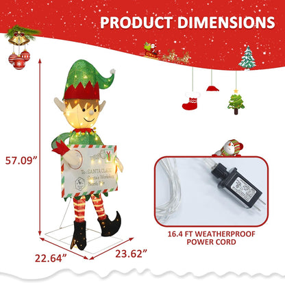 4.8FT Lighted Elf with Envelope Outdoor Christmas Decoration, 3D Pre-Lit Elf Decor with 100 LED Lights for Christmas, Freestanding Glittered Holiday Display for Outdoor, Indoor