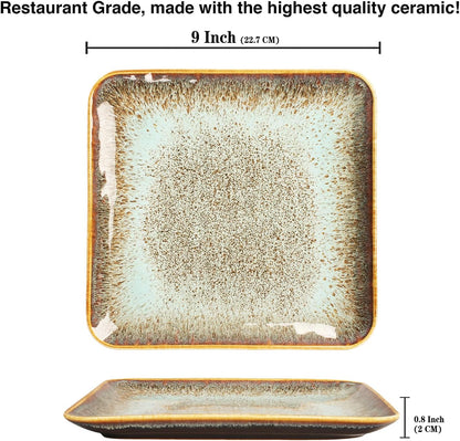 Ceramic Dinner Plates Dish Set,Set of 4,for Lunch snacks -Microwave Oven & Dishwasher Safe,Scratch Resistant,Dinnerware Kitchen Porcelain Serving Dishes,9 inch Square