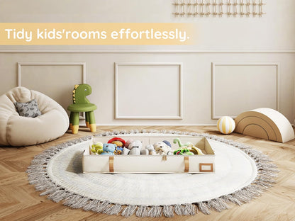 Vailando Under Bed Storage Containers, Foldable Storage Bins for Blankets, Comforter, and Seasonal Clothing, 6 Inches Tall, Beige with Brown Leather Handles, 2-Pack