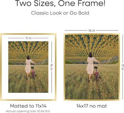 Homeforia 14x17 Picture Frame Gold, High End Metal 14x17 Poster Frames with Mat 11x14 Photo, 14 x 17 Gold Frames Matted to 11 by 14 Print, 17x14 Thin Hanging Frames, Tempered Glass, Wall Kit, Set of 1