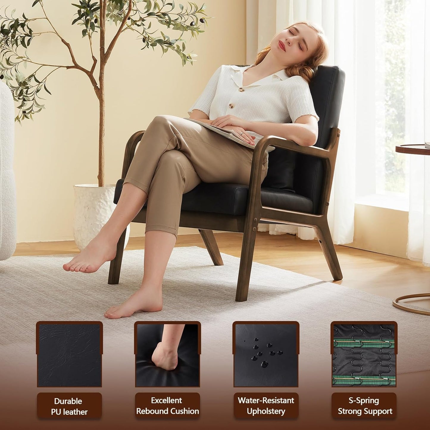 Accent Chair Mid Century Modern Armchair with Lumbar Support Pillow Wood Legs PU Leather Upholstered Lounge Chairs Comfy High Back Cushion for Living Room Bedroom