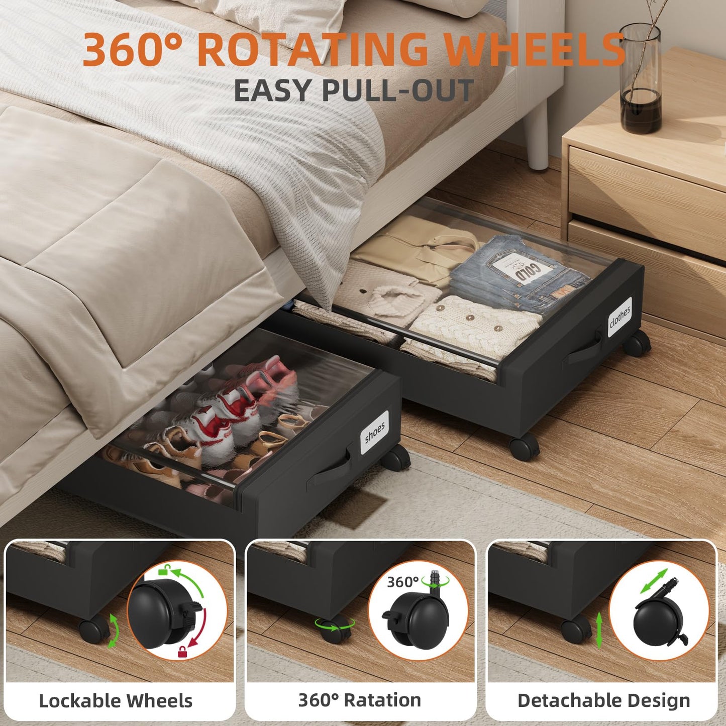 Somdot Under Bed Storage with Wheels, 2 Pack Under Bed Storage Containers