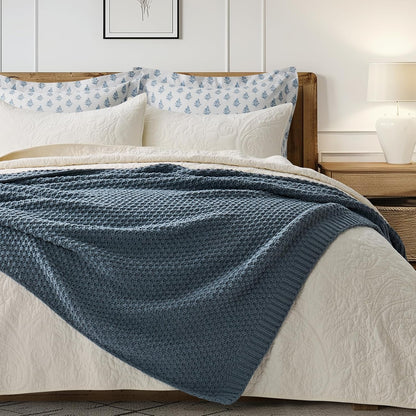 Chunky Chenille Knit Throw Blanket for Couch, Soft Luxurious Moss Stitch Blankets for Bed, Cozy Decorative Farmhouse Knitted Throws for Sofa, Stormy Blue, 50" x 60"