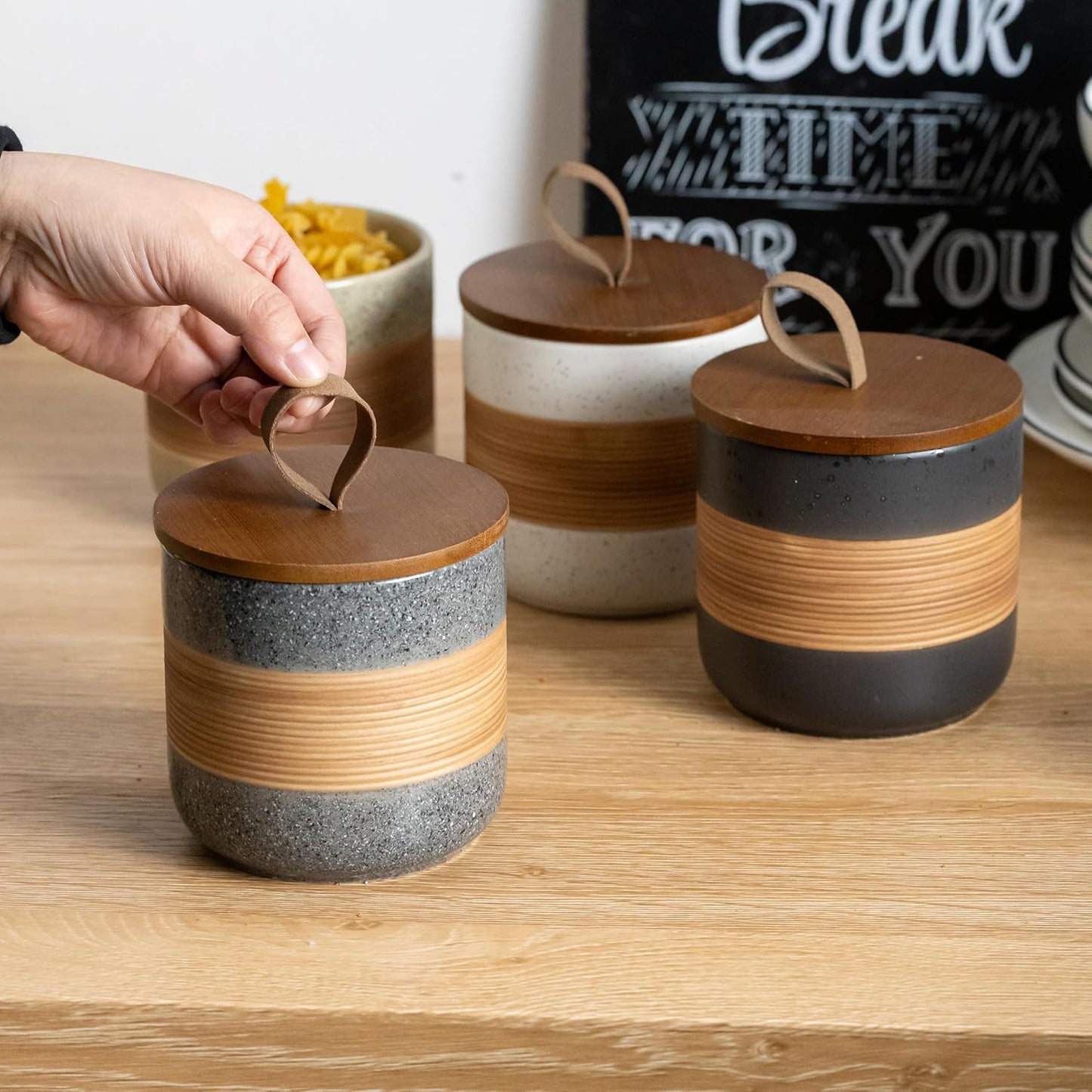 Airtight Coffee Storage Container Jar with Lid, Ceramic Kitchen Food Storage Jars for Spice Sugar Cookie, Coffee Bean Stackable Decorative Jars for Housewarming, Grey & 28oz