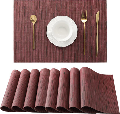 Leetaltree Burgundy Placemats Set of 8 - Heat Resistant Non-Slip Place mats for Dining Table, Washable Durable PVC Vinyl Woven Table Mats（Burgundy, 8）